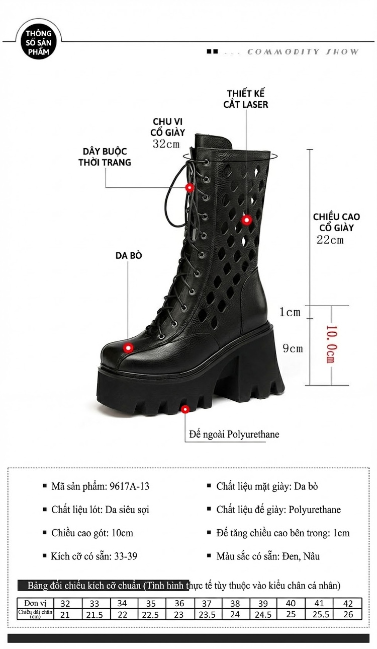 Boot Martin Nữ Da Thật Cổ Lửng Khoét Lỗ Chiều Cao Đế Khoảng 10cm Màu Nâu, Đen chi tiết 4