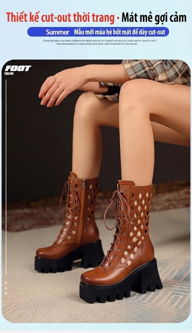 Boot Martin Nữ Da Thật Cổ Lửng Khoét Lỗ Chiều Cao Đế Khoảng 10cm Màu Nâu, Đen chi tiết 1