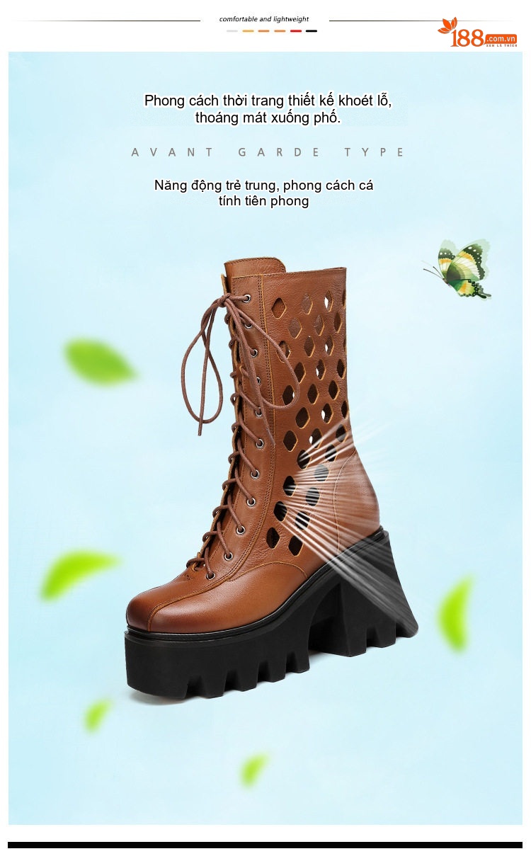 Boot Martin Nữ Da Thật Cổ Lửng Khoét Lỗ Chiều Cao Đế Khoảng 10cm Màu Nâu, Đen chi tiết 3