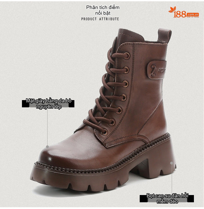 Boot Martin Nữ Da Thật Đế Dày Chiều Cao Đế Khoảng 6cm Màu Nâu, Đen chi tiết 3