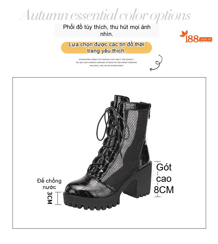 Boot Martin Nữ Da Thật Lưới Chiều Cao Đế Khoảng 7cm Màu Đen chi tiết 3