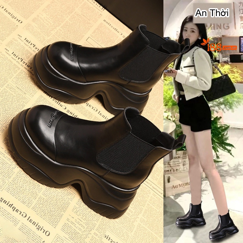 Boot Martin Nữ Đế Dày Tăng Chiều Cao 9cm Da Bóng Màu Đen