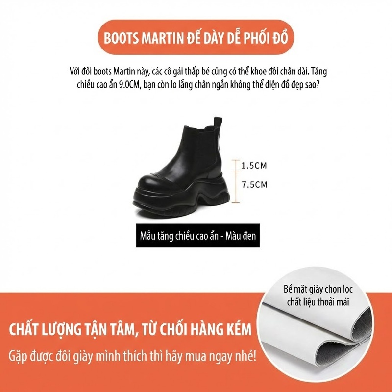 Boot Martin Nữ Đế Dày Tăng Chiều Cao 9cm Da Bóng Màu Đen