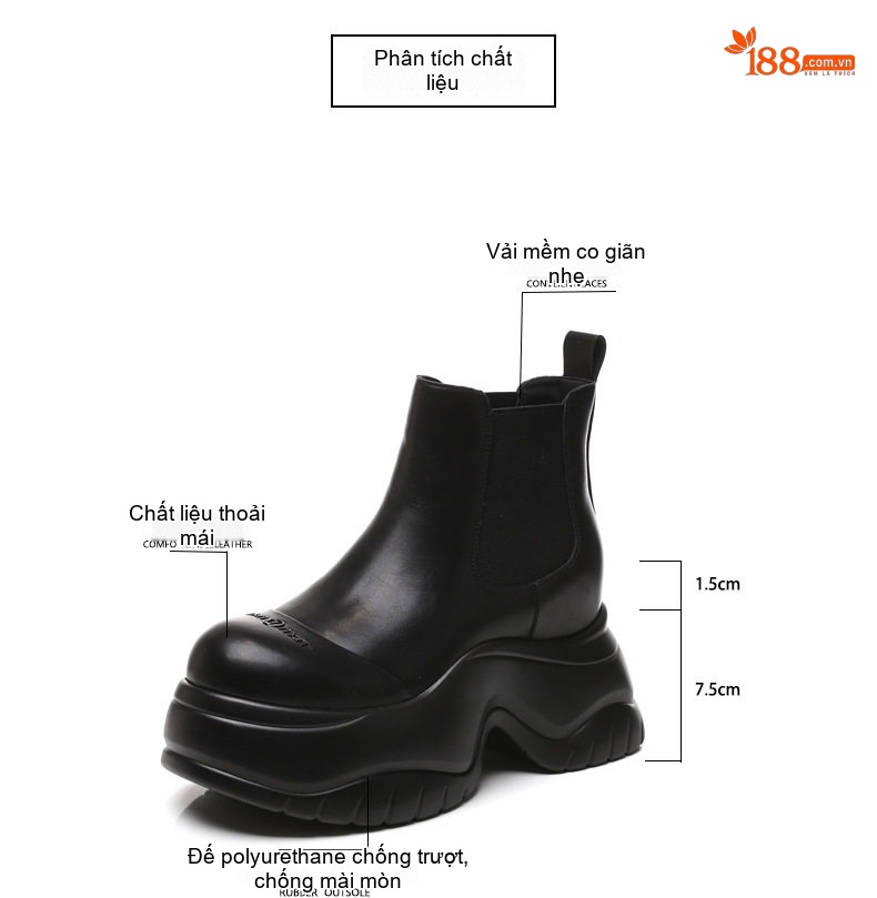 Boot Martin Nữ Đế Dày Tăng Chiều Cao 9cm Da Bóng Màu Đen chi tiết 2