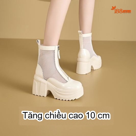Boot Martin Nữ Lưới Lỗ Chiều Cao Đế 10cm Giày Công Chúa Gót Vuông Đế Dày Thoáng Khí Màu Đen, Trắng
