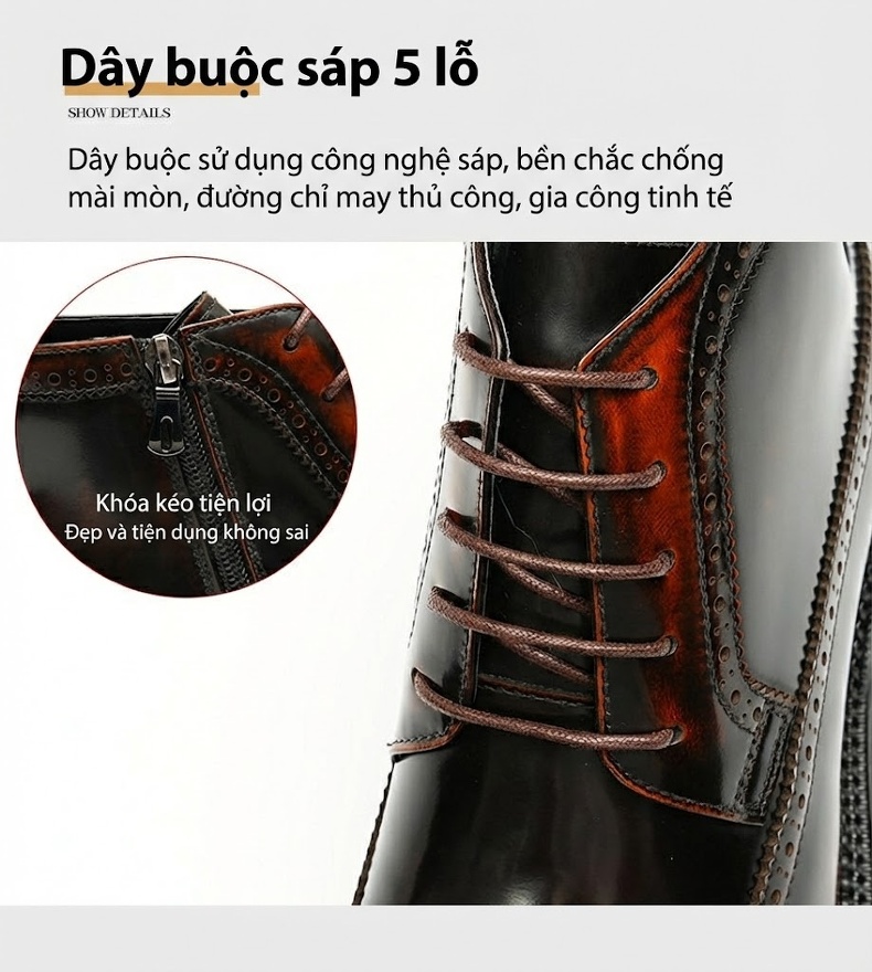 Boot Nam Cao Cổ Da Bóng Brogue Chiều Cao Đế Khoảng 5cm Màu Đen, Nâu chi tiết 8