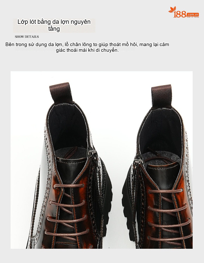 Boot Nam Cao Cổ Da Bóng Brogue Chiều Cao Đế Khoảng 5cm Màu Đen, Nâu chi tiết 9