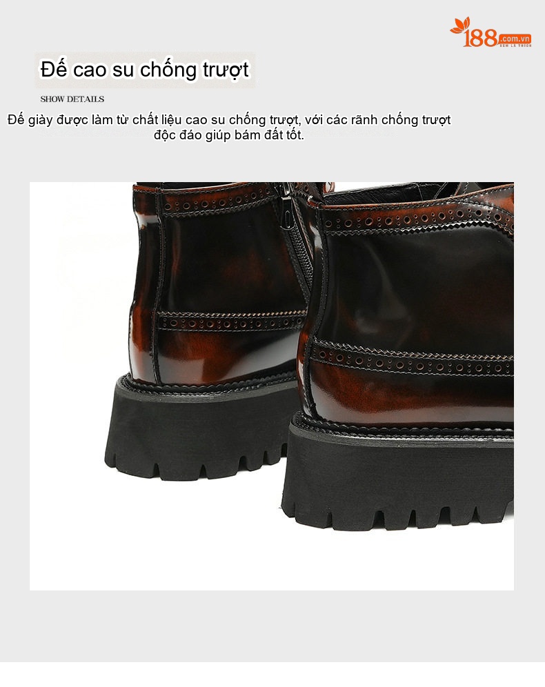 Boot Nam Cao Cổ Da Bóng Brogue Chiều Cao Đế Khoảng 5cm Màu Đen, Nâu chi tiết 10