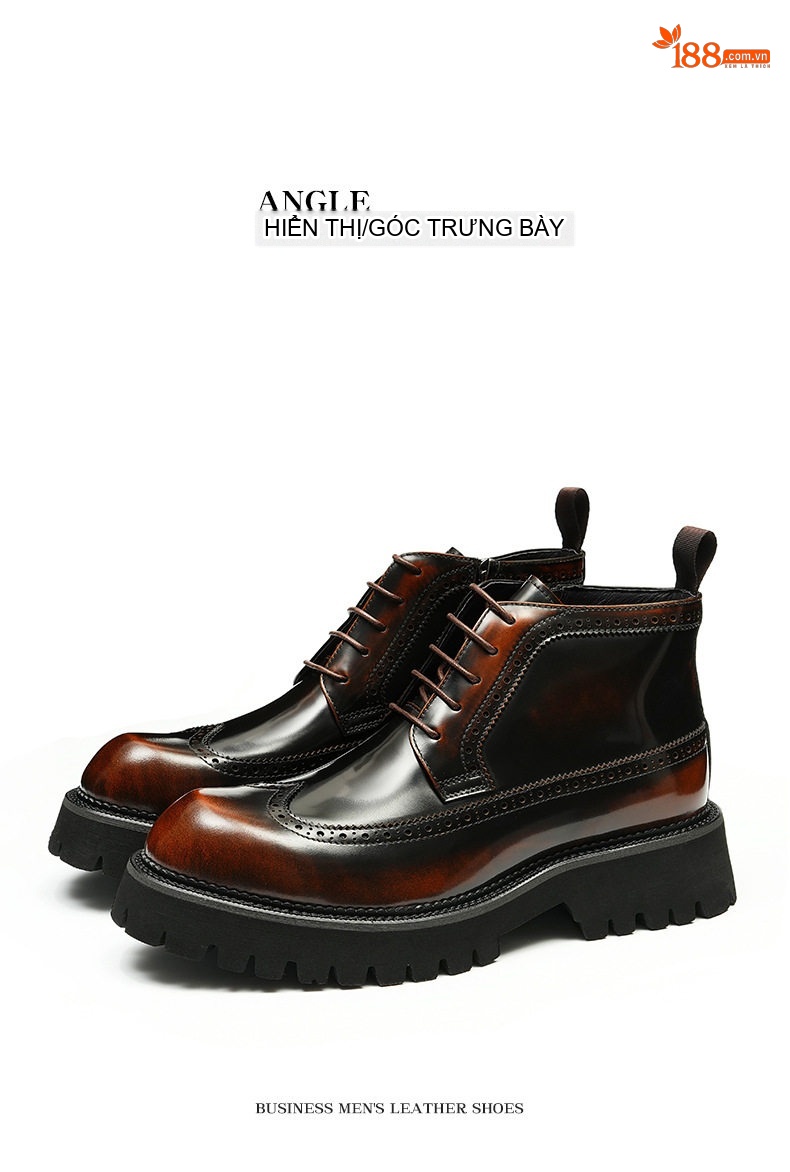 Boot Nam Cao Cổ Da Bóng Brogue Chiều Cao Đế Khoảng 5cm Màu Đen, Nâu chi tiết 11