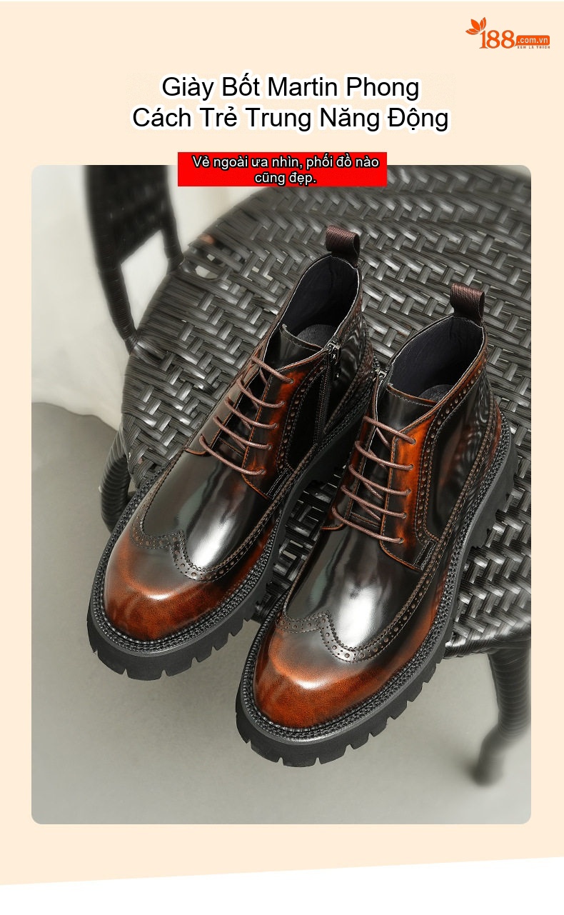 Boot Nam Cao Cổ Da Bóng Brogue Chiều Cao Đế Khoảng 5cm Màu Đen, Nâu chi tiết 1
