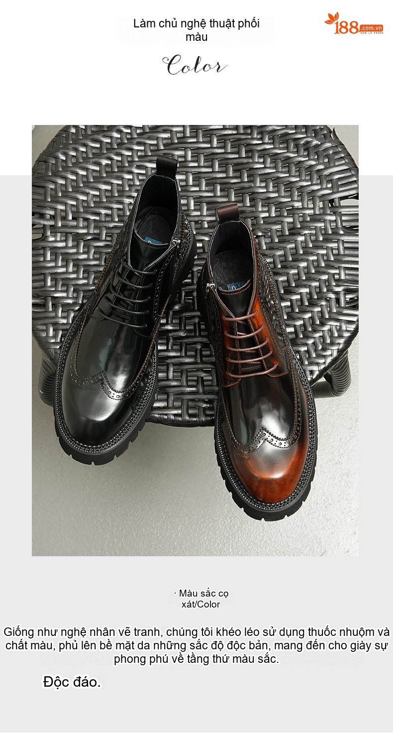 Boot Nam Cao Cổ Da Bóng Brogue Chiều Cao Đế Khoảng 5cm Màu Đen, Nâu chi tiết 2