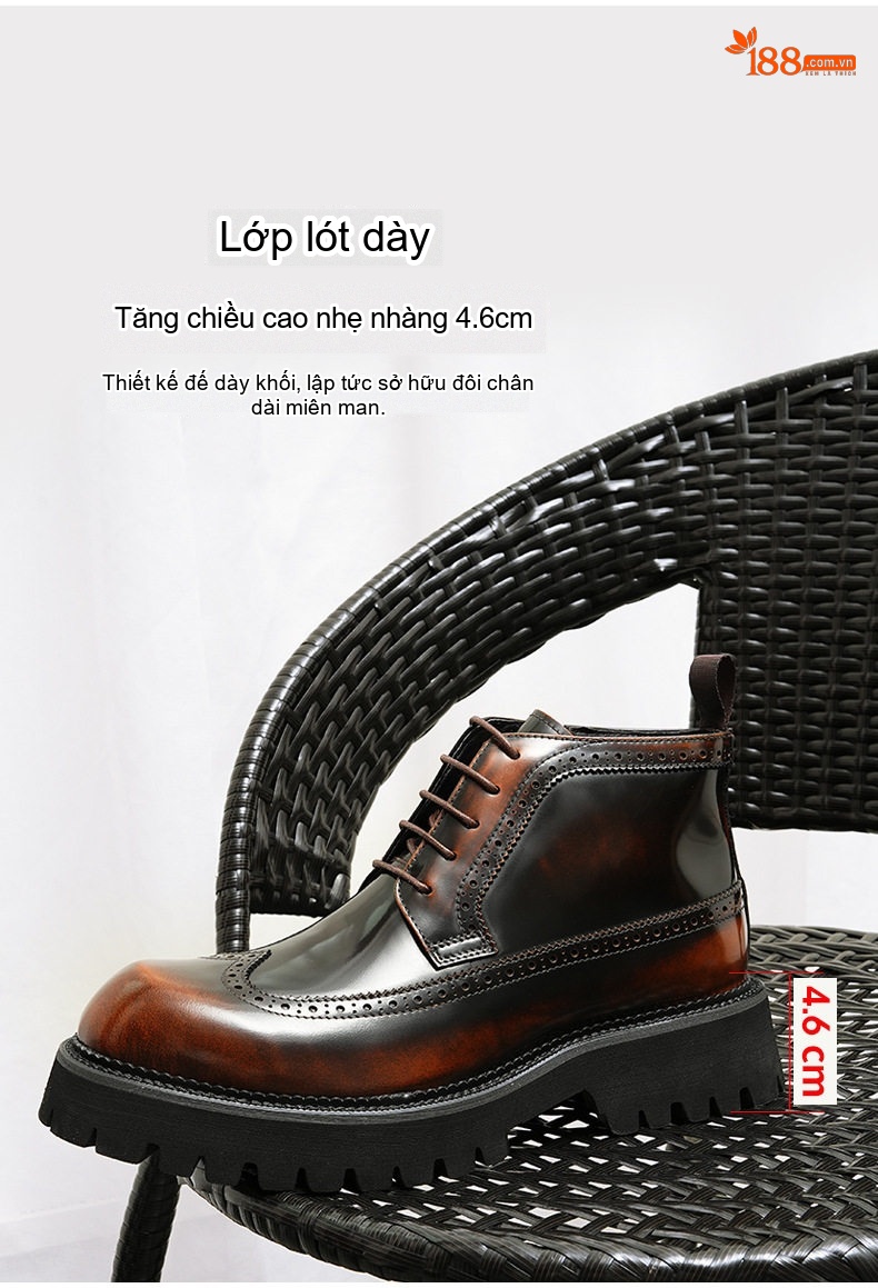 Boot Nam Cao Cổ Da Bóng Brogue Chiều Cao Đế Khoảng 5cm Màu Đen, Nâu chi tiết 3