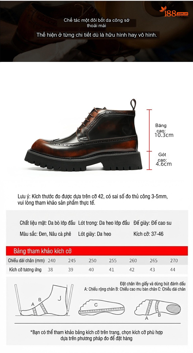 Boot Nam Cao Cổ Da Bóng Brogue Chiều Cao Đế Khoảng 5cm Màu Đen, Nâu chi tiết 5