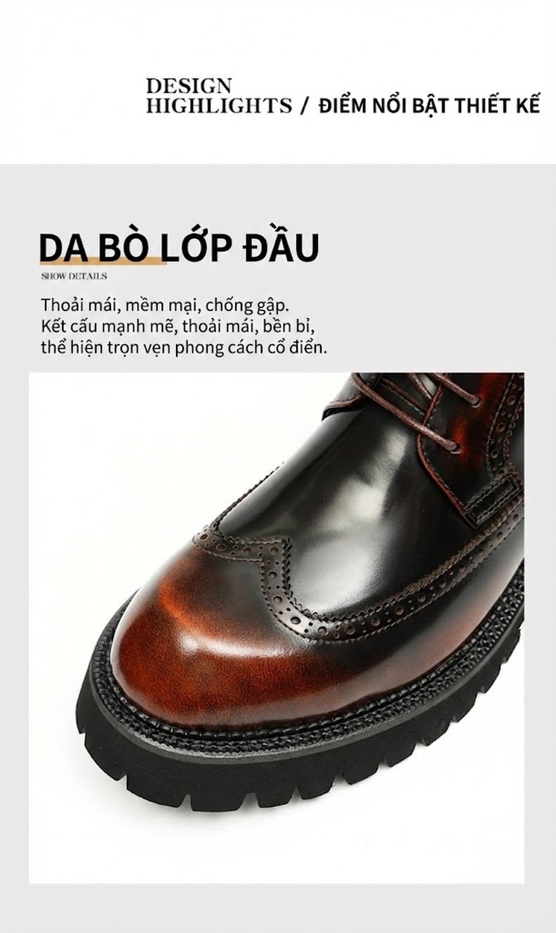 Boot Nam Cao Cổ Da Bóng Brogue Chiều Cao Đế Khoảng 5cm Màu Đen, Nâu chi tiết 7