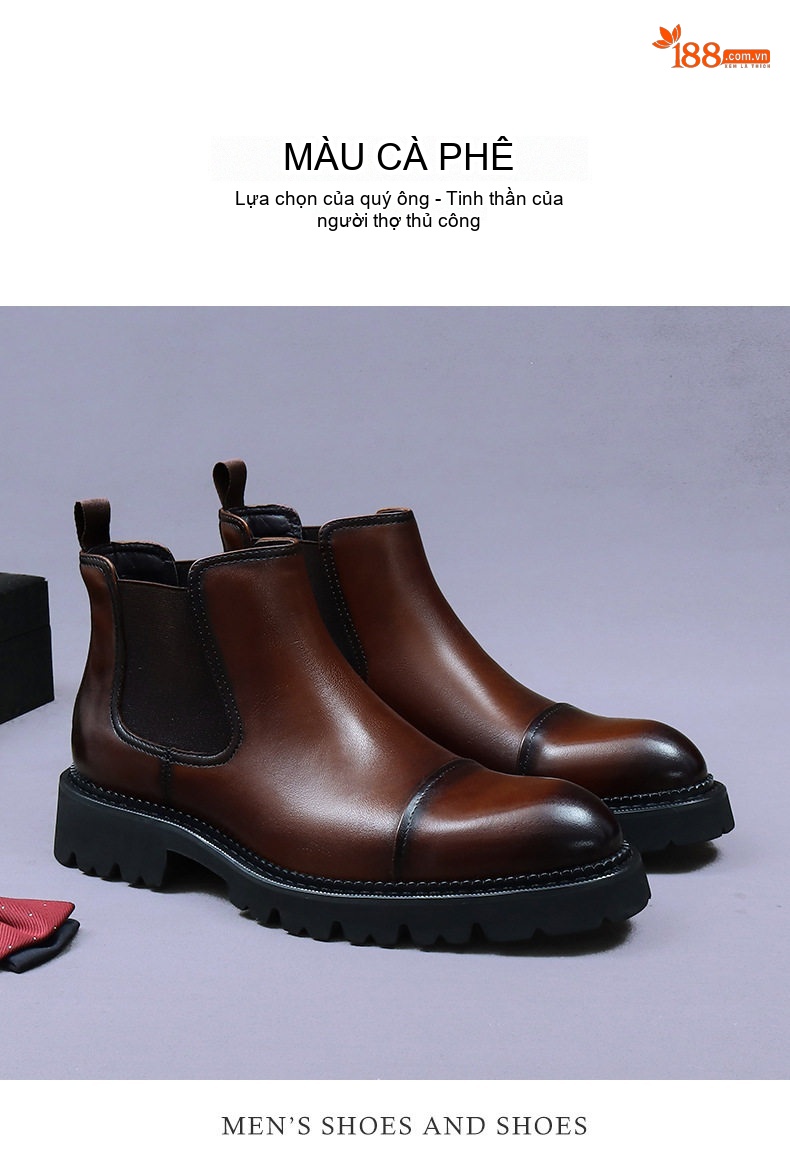 Boot Nam Cổ Cao Da Bóng Chiều Cao Đế Khoảng 4cm Phong Cách Anh Quốc Màu Đen, Nâu chi tiết 11