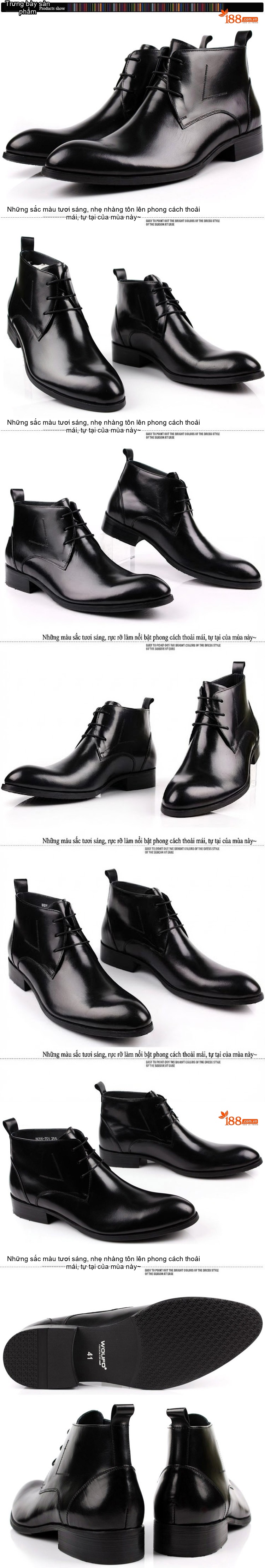Boot Nam Cổ Cao Da Bóng Mũi Nhọn Buộc Dây Công Sở Chiều Cao Đế Khoảng 3cm Màu Đen, Nâu chi tiết 3