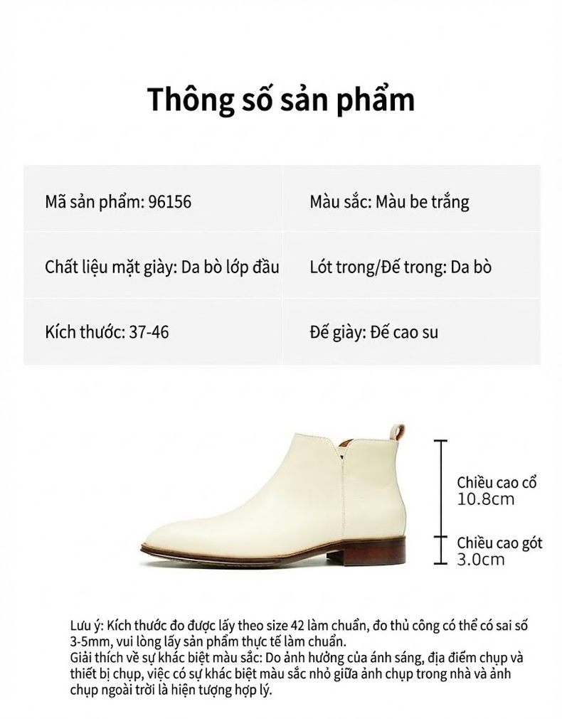 Boot Nam Cổ Cao Da Bóng Mũi Nhọn Phong Cách Anh Quốc Chiều Cao Đế Khoảng 3cm Màu Trắng chi tiết 2