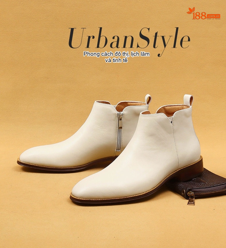 Boot Nam Cổ Cao Da Bóng Mũi Nhọn Phong Cách Anh Quốc Chiều Cao Đế Khoảng 3cm Màu Trắng chi tiết 1