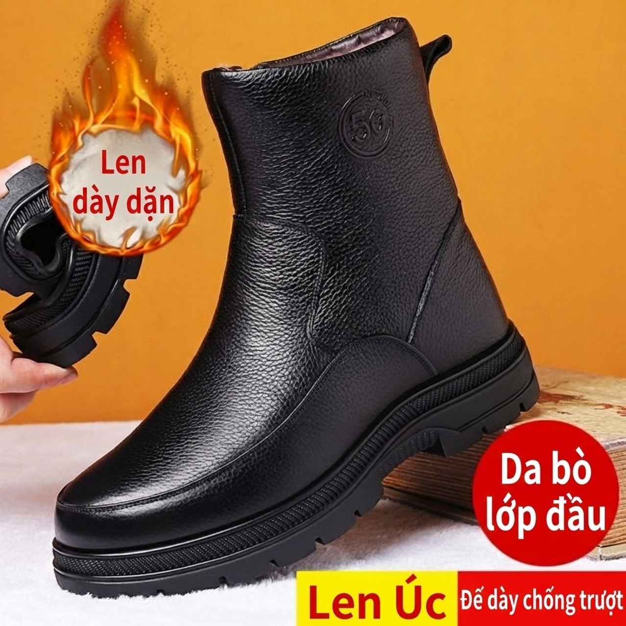 Boot Nam Da Bò Lót Lông Cừu Giữ Ấm Đế Cao Su Chống Trơn Cao Khoảng 3cm chi tiết 4
