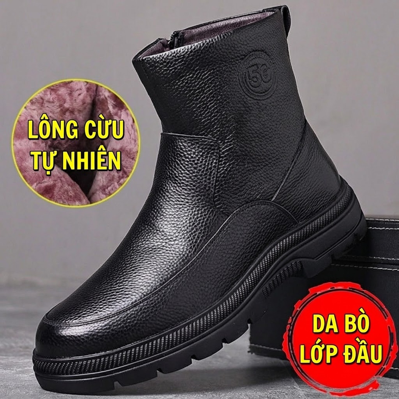 Boot Nam Da Bò Lót Lông Cừu Giữ Ấm Đế Cao Su Chống Trơn Cao Khoảng 3cm chi tiết 3