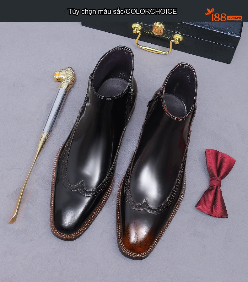Boot Nam Da Bóng Chelsea Side Zip Brogue Chiều Cao Đế Khoảng 3cm Màu Đen chi tiết 2