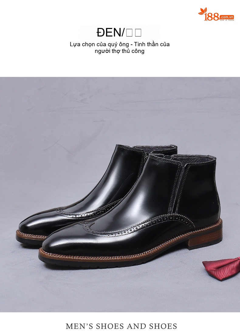 Boot Nam Da Bóng Chelsea Side Zip Brogue Chiều Cao Đế Khoảng 3cm Màu Đen chi tiết 4