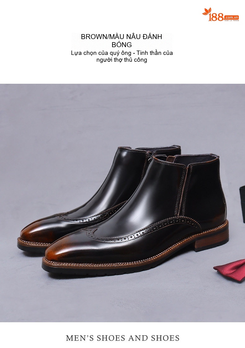Boot Nam Da Bóng Chelsea Side Zip Brogue Chiều Cao Đế Khoảng 3cm Màu Đen chi tiết 11