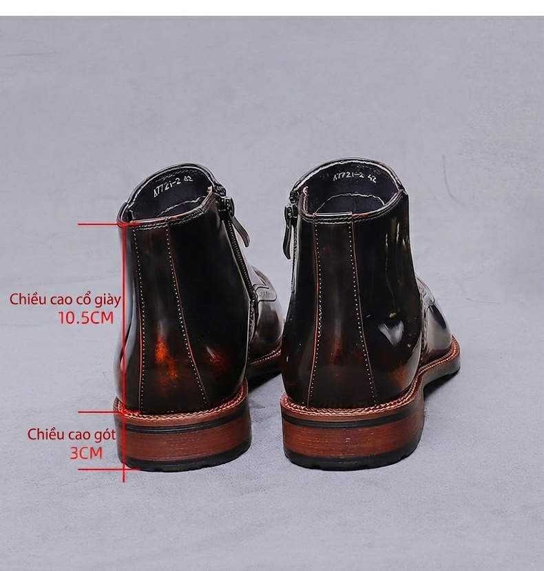 Boot Nam Da Bóng Chelsea Side Zip Brogue Chiều Cao Đế Khoảng 3cm Màu Đen chi tiết 17