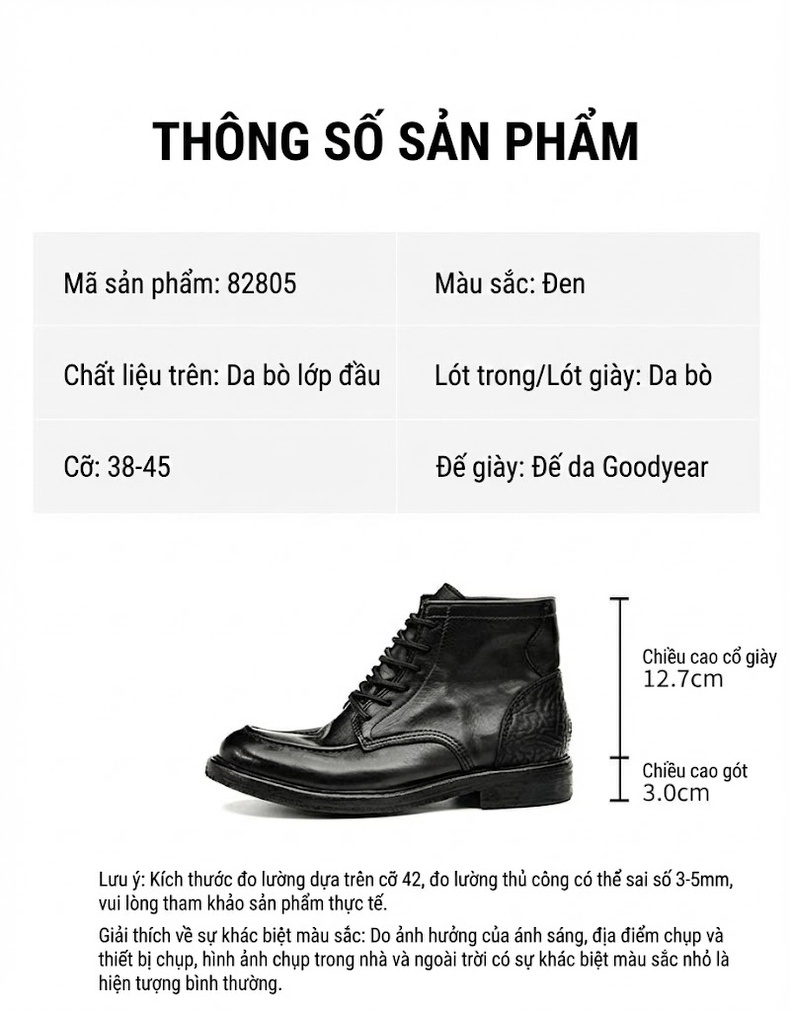 Boot Nam Da Thật Cổ Cao Goodyear Water Wash Chiều Cao Đế Khoảng 3cm Màu Đen, Nâu chi tiết 3