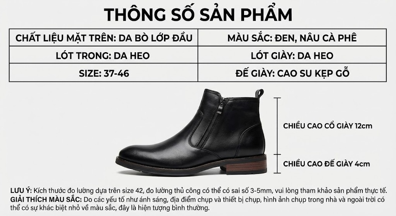 Boot Nam Da Thật Cổ Cao Khóa Bên Chiều Cao Đế Khoảng 3cm Màu Đen, Nâu chi tiết 2