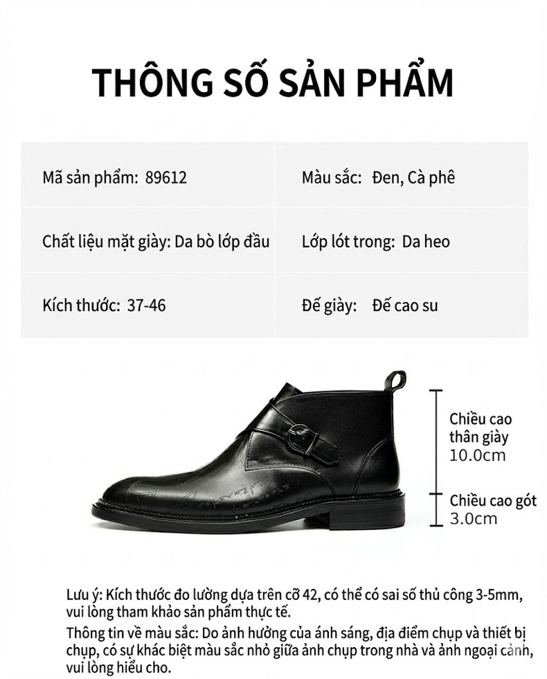 Boot Nam Da Thật Cổ Cao Khóa Cài Chiều Cao Đế Khoảng 3cm Màu Đen, Nâu chi tiết 2