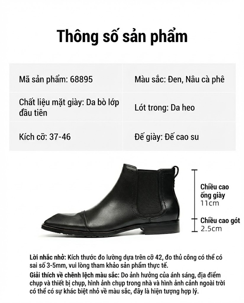 Boot Nam Da Thật Cổ Cao Mũi Nhọn Chiều Cao Đế Khoảng 3cm Phong Cách Anh Quốc Màu Đen, Nâu chi tiết 2