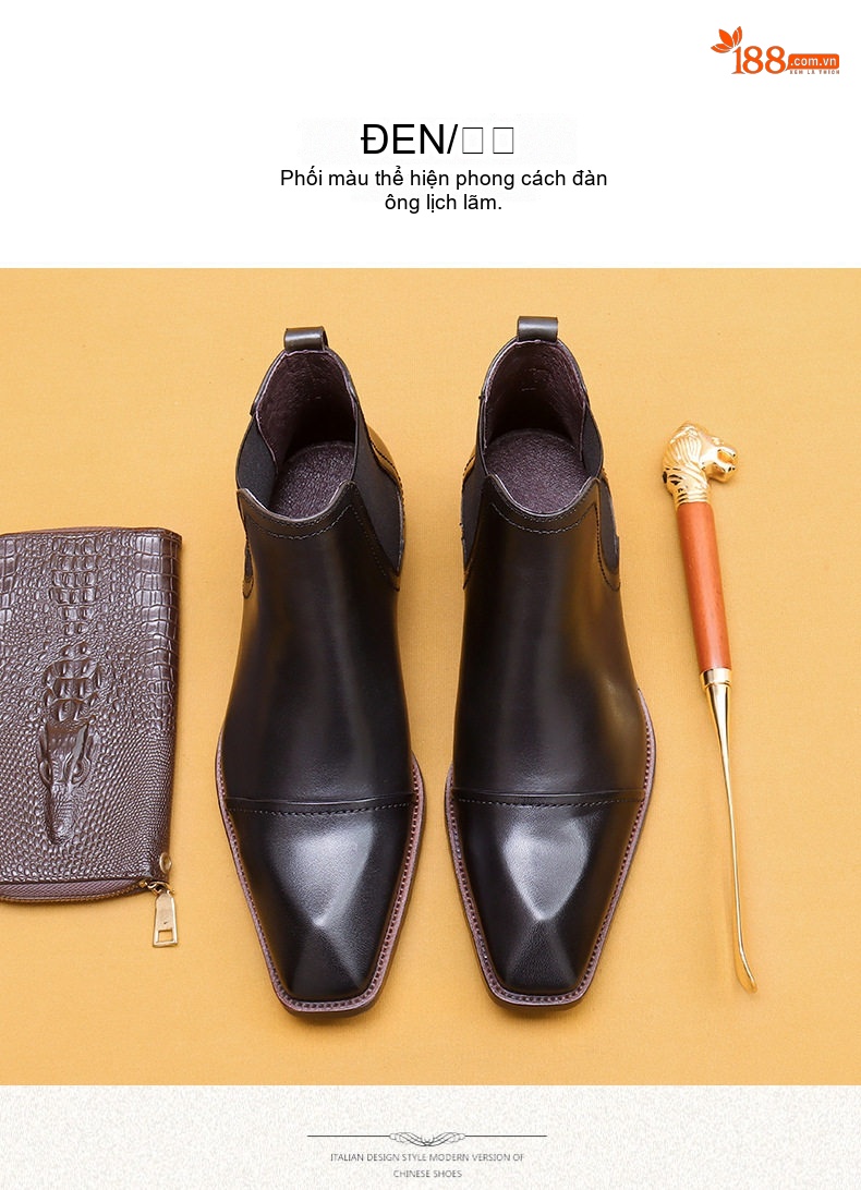 Boot Nam Da Thật Cổ Cao Mũi Nhọn Chiều Cao Đế Khoảng 3cm Phong Cách Anh Quốc Màu Đen, Nâu chi tiết 12