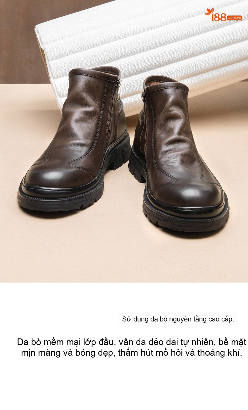 Boot Nam Da Thật Cổ Ngắn Phong Cách Anh Quốc Chiều Cao Đế Khoảng 4cm Màu Đen, Nâu chi tiết 4