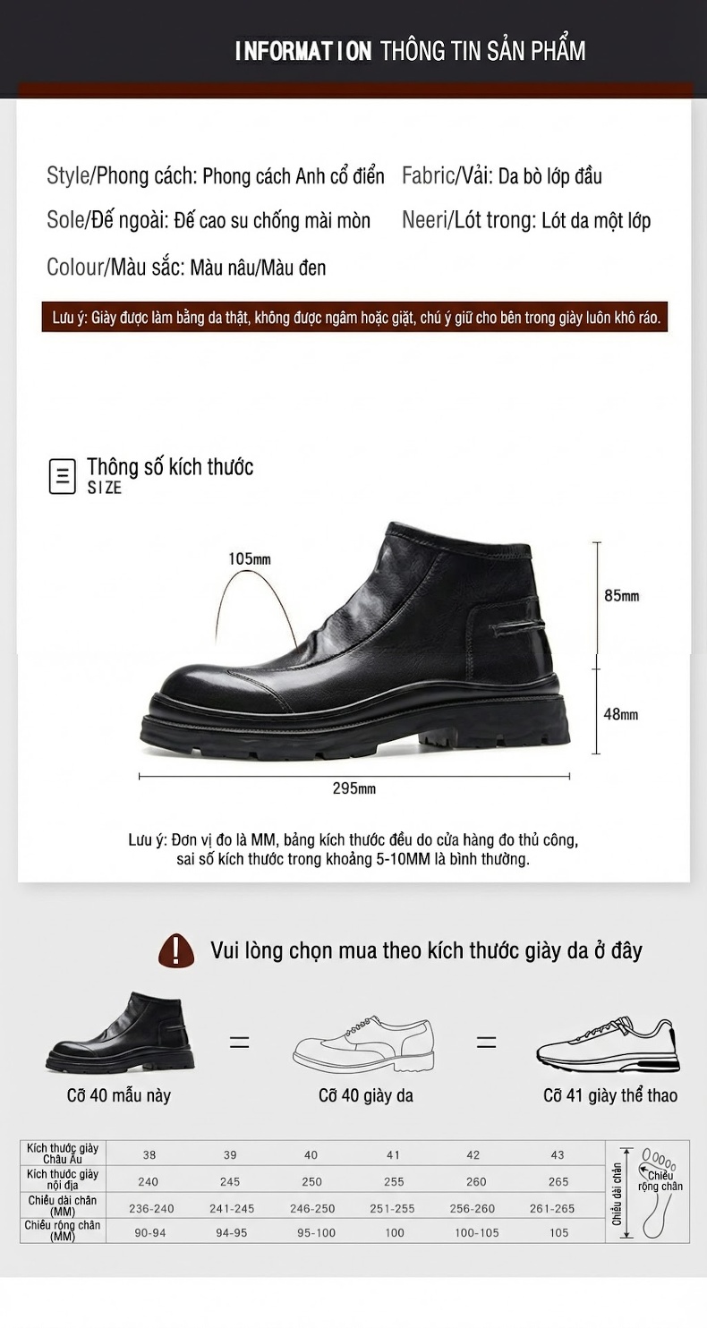 Boot Nam Da Thật Cổ Ngắn Phong Cách Anh Quốc Chiều Cao Đế Khoảng 4cm Màu Đen, Nâu chi tiết 7