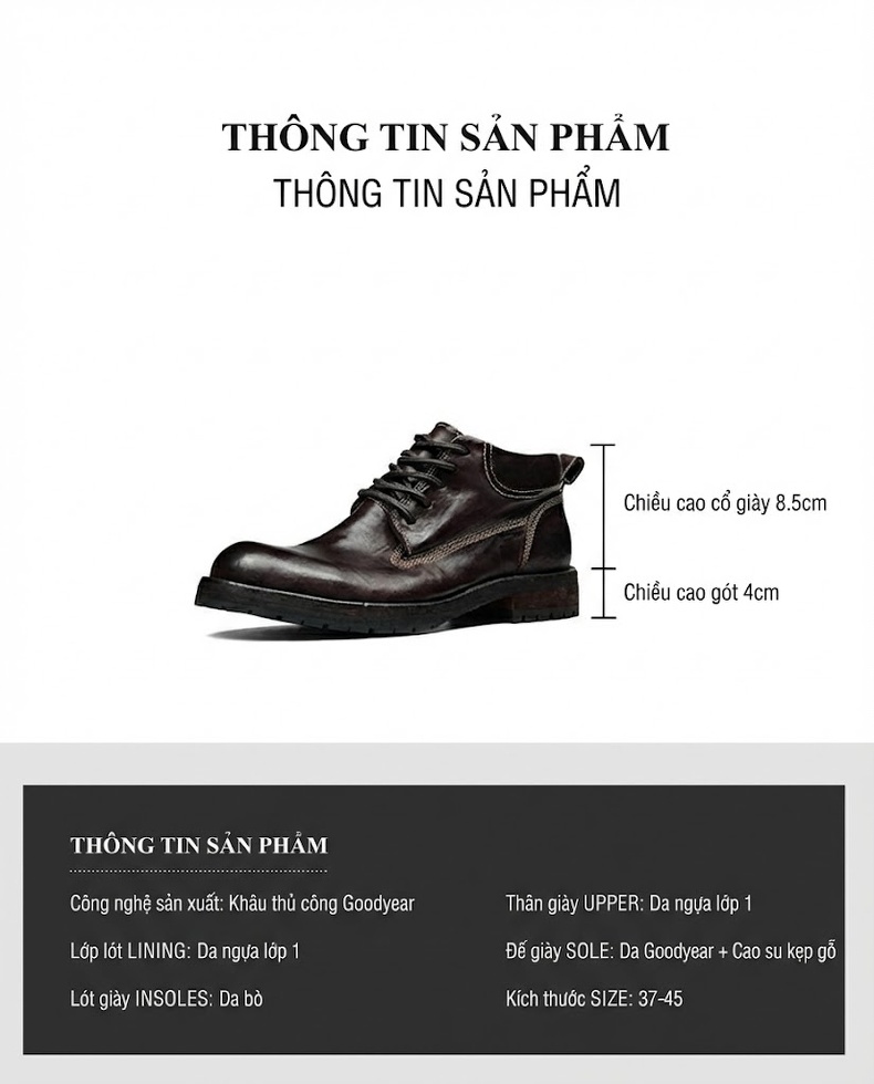 Boot Nam Da Thật Goodyear Cổ Lửng Chiều Cao Đế Khoảng 3cm Màu Nâu Đậm, Đen chi tiết 31