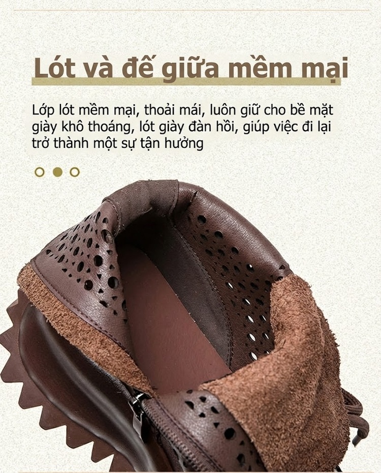Boot Nữ Cao Cổ Da Bò Lỗ Thoáng Khí Chiều Cao Đế Khoảng 5cm Màu Đen, Nâu, Kem chi tiết 6