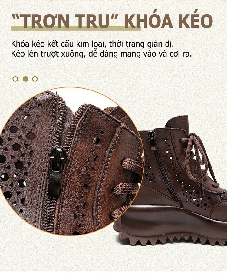 Boot Nữ Cao Cổ Da Bò Lỗ Thoáng Khí Chiều Cao Đế Khoảng 5cm Màu Đen, Nâu, Kem chi tiết 7