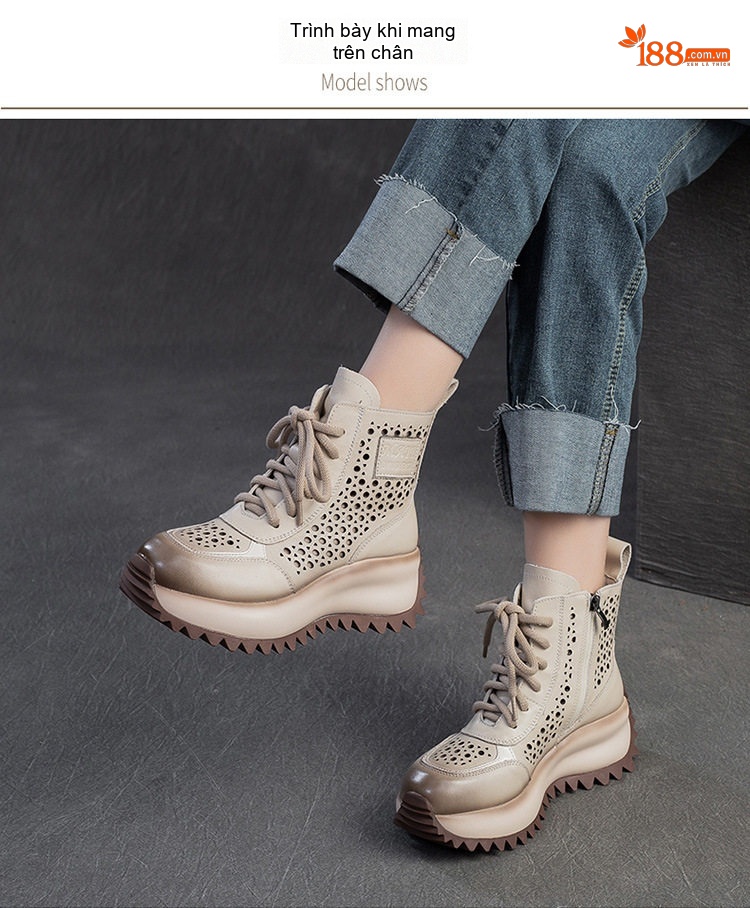 Boot Nữ Cao Cổ Da Bò Lỗ Thoáng Khí Chiều Cao Đế Khoảng 5cm Màu Đen, Nâu, Kem chi tiết 8