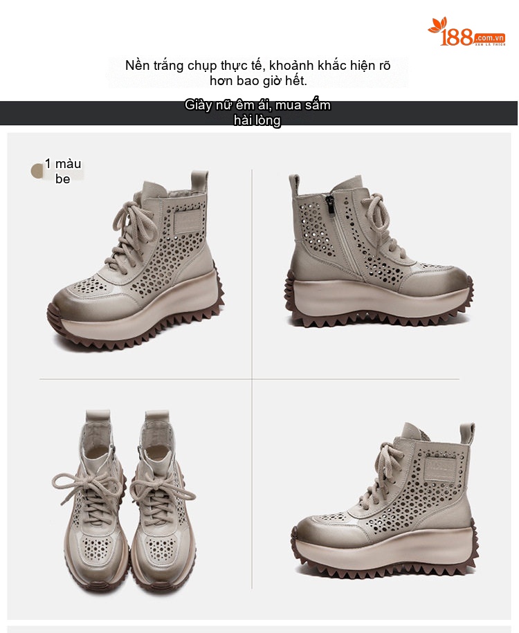 Boot Nữ Cao Cổ Da Bò Lỗ Thoáng Khí Chiều Cao Đế Khoảng 5cm Màu Đen, Nâu, Kem chi tiết 17