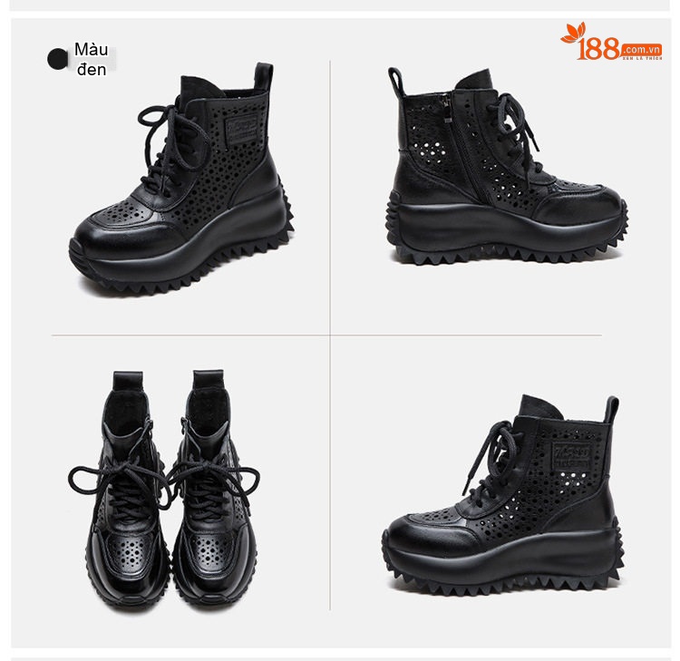 Boot Nữ Cao Cổ Da Bò Lỗ Thoáng Khí Chiều Cao Đế Khoảng 5cm Màu Đen, Nâu, Kem chi tiết 18