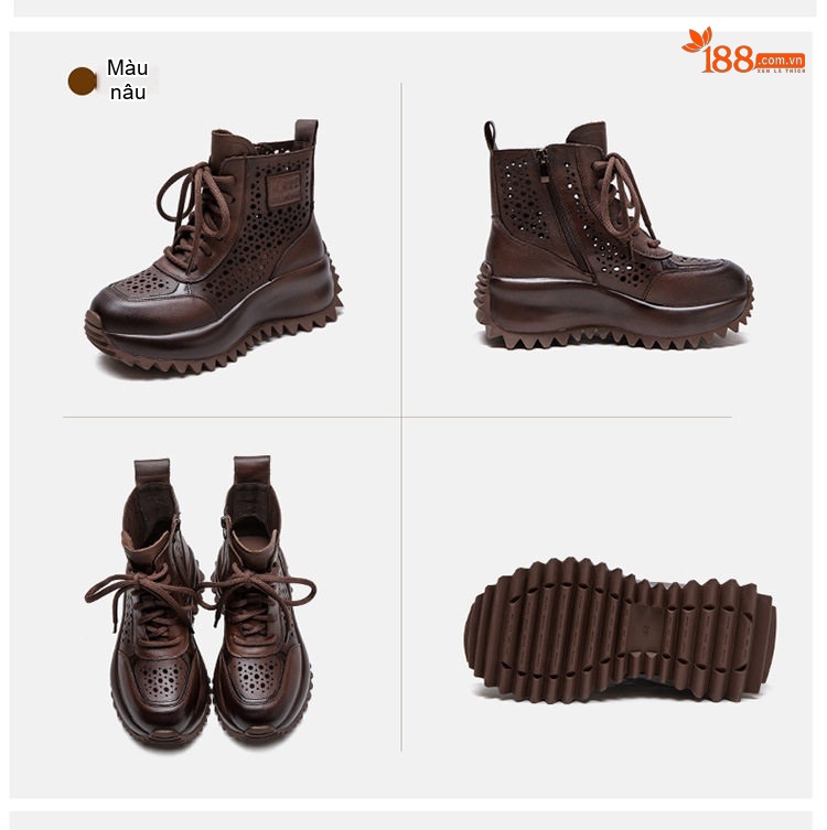 Boot Nữ Cao Cổ Da Bò Lỗ Thoáng Khí Chiều Cao Đế Khoảng 5cm Màu Đen, Nâu, Kem chi tiết 19
