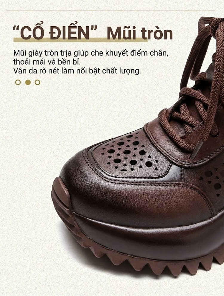 Boot Nữ Cao Cổ Da Bò Lỗ Thoáng Khí Chiều Cao Đế Khoảng 5cm Màu Đen, Nâu, Kem chi tiết 4
