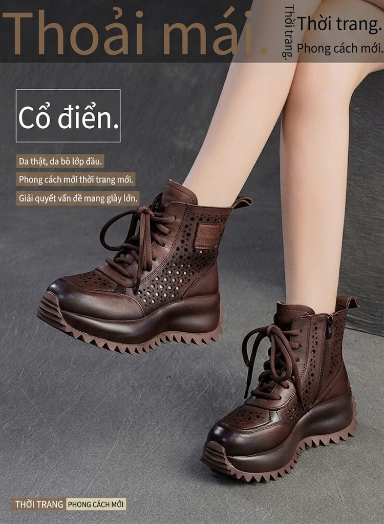 Boot Nữ Cao Cổ Da Bò Lỗ Thoáng Khí Chiều Cao Đế Khoảng 5cm Màu Đen, Nâu, Kem chi tiết 1