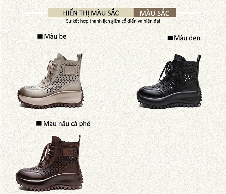 Boot Nữ Cao Cổ Da Bò Lỗ Thoáng Khí Chiều Cao Đế Khoảng 5cm Màu Đen, Nâu, Kem chi tiết 2