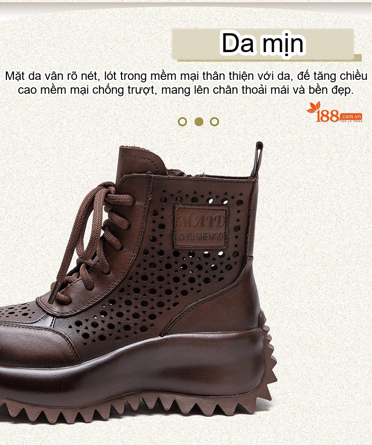 Boot Nữ Cao Cổ Da Bò Lỗ Thoáng Khí Chiều Cao Đế Khoảng 5cm Màu Đen, Nâu, Kem chi tiết 3