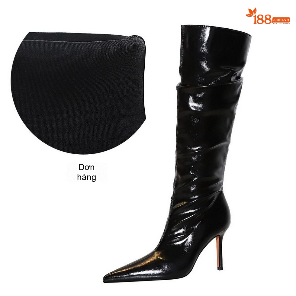 Boot Nữ Cao Cổ Da Bóng Gót Nhọn Chiều Cao Đế Khoảng 8cm Phong Cách Âu Mỹ Màu Đen