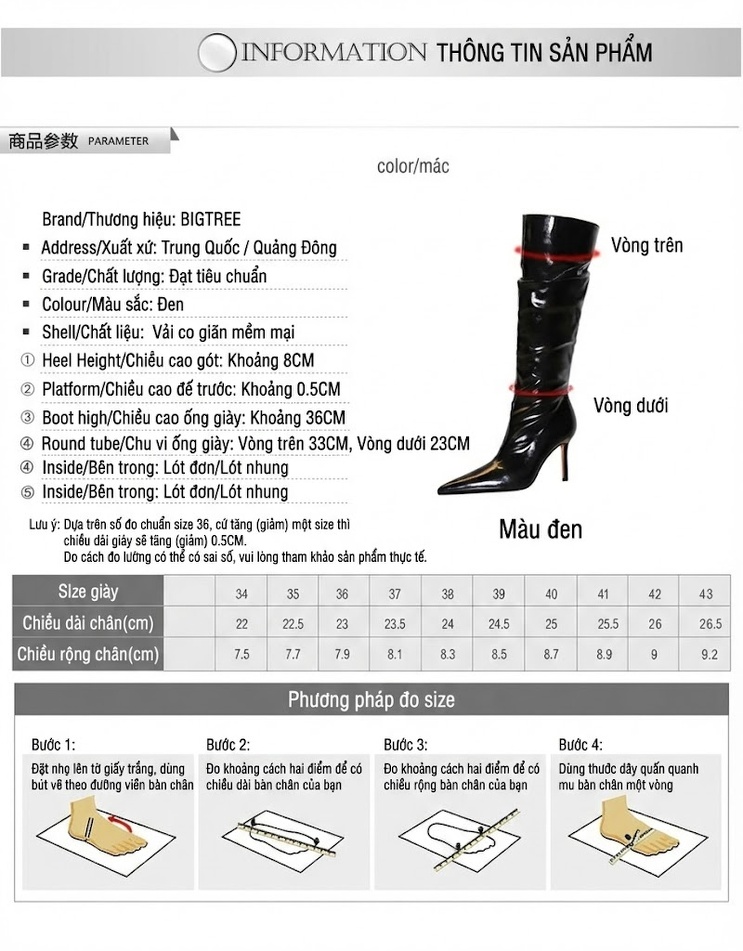 Boot Nữ Cao Cổ Da Bóng Gót Nhọn Chiều Cao Đế Khoảng 8cm Phong Cách Âu Mỹ Màu Đen chi tiết 1
