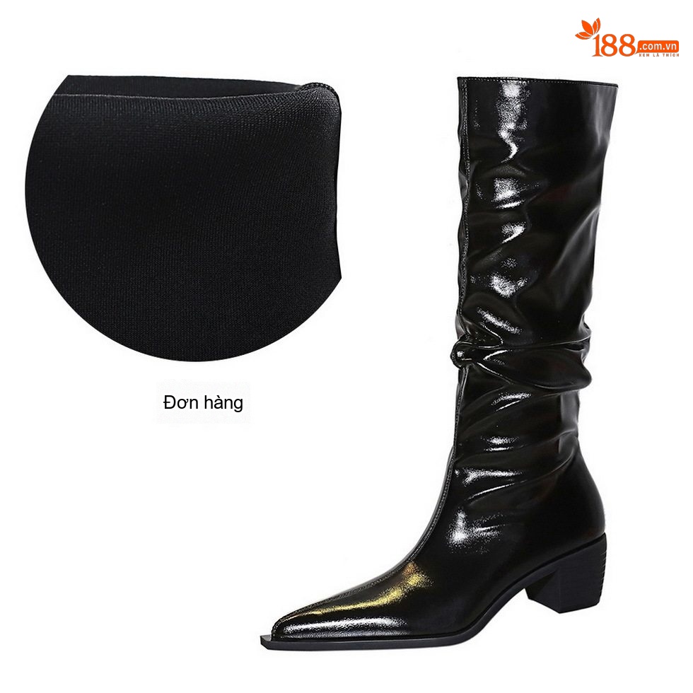 Boot Nữ Cao Cổ Da Bóng Gót Vuông Chiều Cao Đế Khoảng 5cm Màu Đen