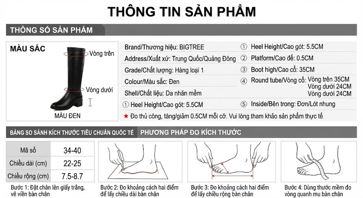 Boot Nữ Cao Cổ Da Bóng Gót Vuông Chiều Cao Đế Khoảng 5cm Màu Đen chi tiết 1